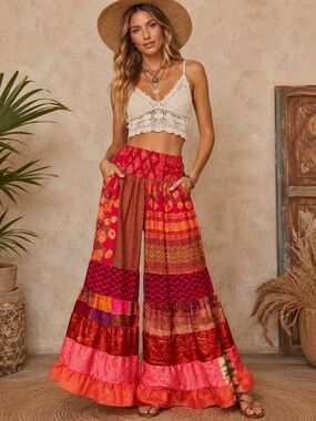 POL Patchwork Wide-Leg Pants in Red, Coral & Orange